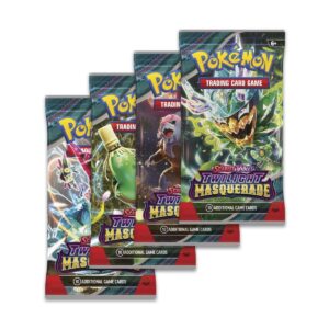 Vier Pokemon TCG booster packs van Twilight Masquerade set voor kaarten verzamelen en zeldzame pulls