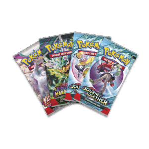 Vier verschillende Pokémon TCG booster packs met glanzende verpakkingen voor kaarten verzamelaars