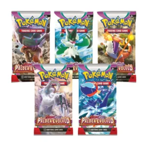 Vijf Pokémon Paldea Evolved booster packs met verschillende artwork inclusief Mewtwo, Gyarados en andere populaire Pokémon